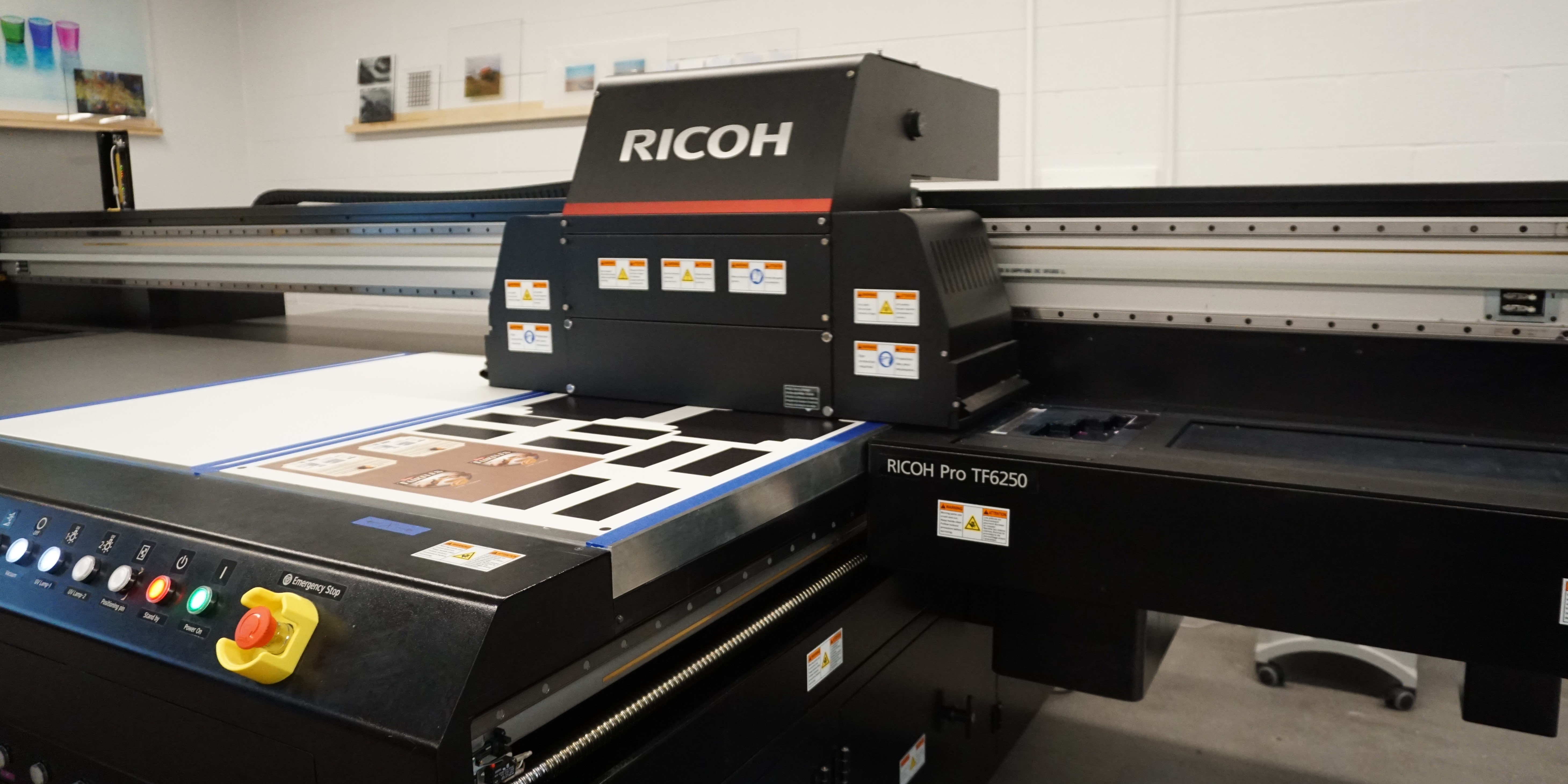 This is the first Ricoh flatbed UV printer installed in Canada. This tool added the capability for recyclable printed prototypes on campus as previously we were laminating vinyl prints to the paper boards